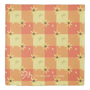 Floral monogrammed rusty orange plaid pattern duvet cover