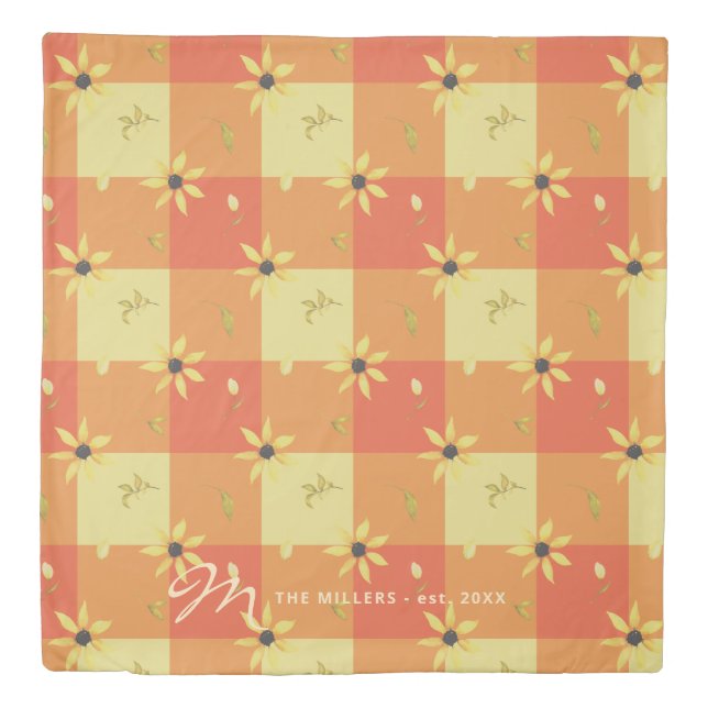 Floral monogrammed rusty orange plaid pattern duvet cover (Front)