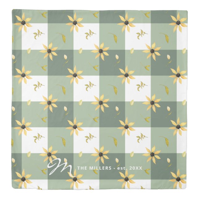 Floral monogrammed sage green plaid pattern duvet cover (Front)