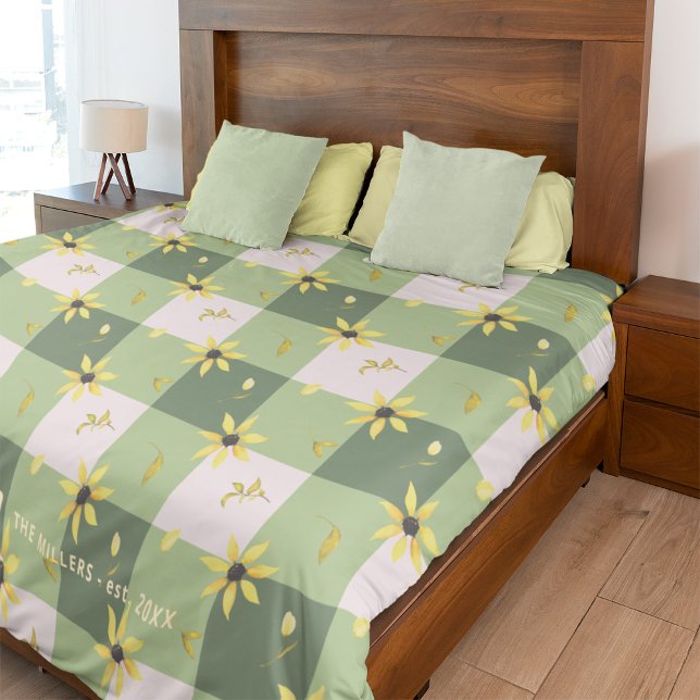 Floral monogrammed sage green plaid pattern duvet cover (Creator Uploaded)