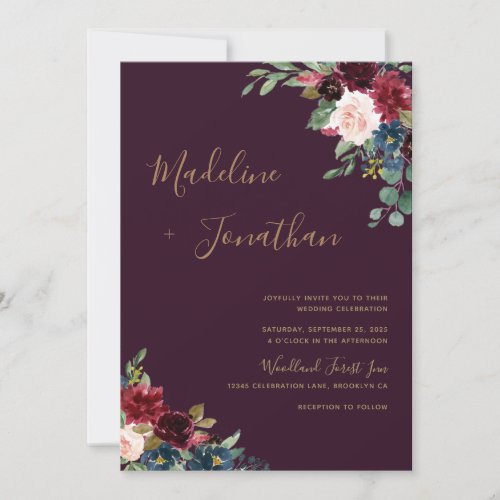 Floral Moody Amethyst Plum Jewel Tone Wedding Invitation