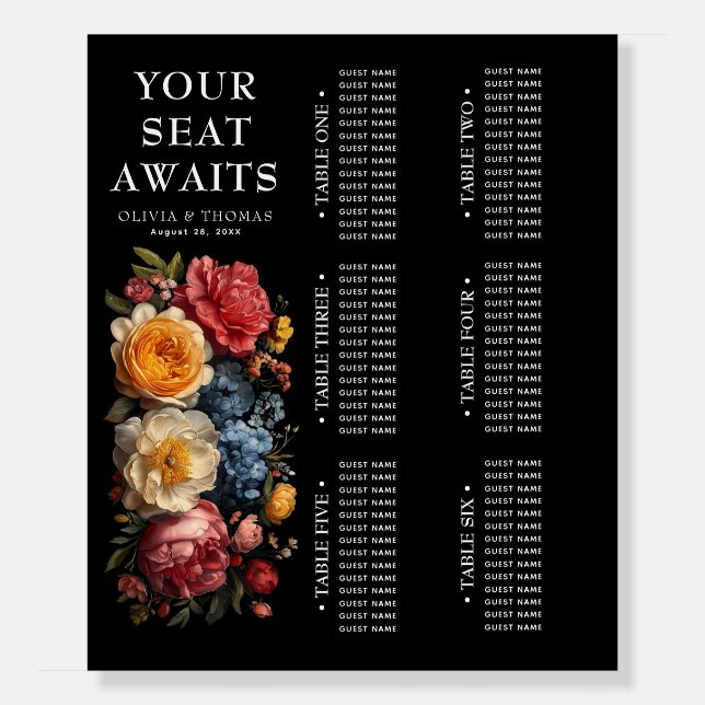 Floral Moody Black Wedding Seating Chart Foam Board (Front)