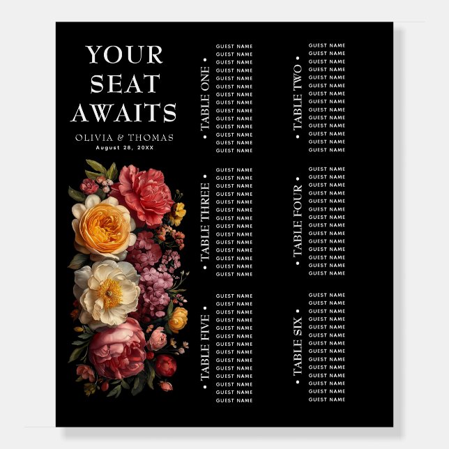 Floral Moody Black Wedding Seating Chart Foam Board (Front)