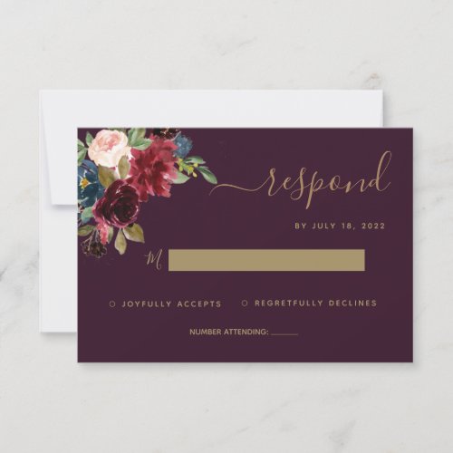 Floral Moody Dark Plum Jewel Tone Wedding RSVP Card