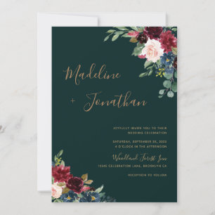 Floral Moody Emerald Green Jewel Tone Wedding  Invitation