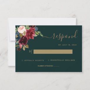Floral Moody Emerald Green Jewel Tone Wedding RSVP Card