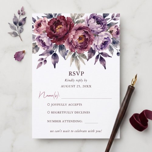 Floral Moody Plum Burgundy Watercolor Wedding RSVP Card