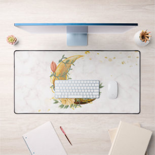 Floral Moon, Beige and Yellow Nature Design Desk Mat