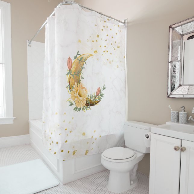 Floral Moon, Beige Graphic, Fleeting Dawn Shower Curtain (In Situ)