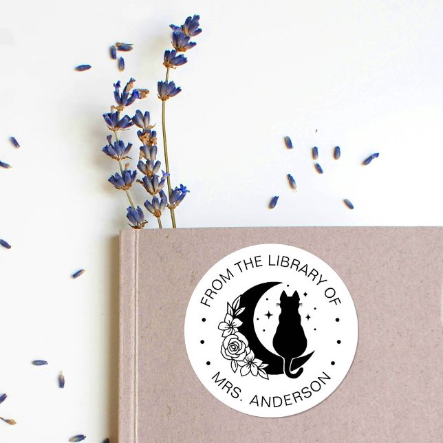 Floral Moon Cat Book Library Teacher Classic Round Sticker (Creator Uploaded)