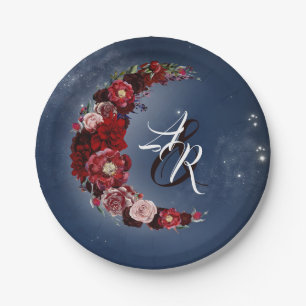 Floral Moon Navy and Burgundy Wedding Paper Plates