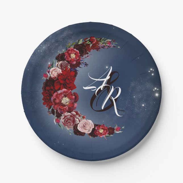 Floral Moon | Navy and Burgundy Wedding Paper Plates (Front)