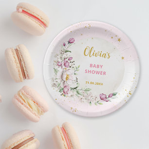 Floral Moon Pink Baby Shower Paper Plates