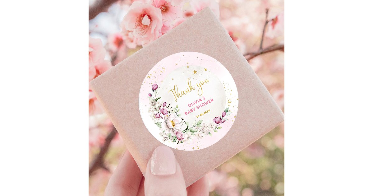 Floral Moon Pink Baby Shower Thank you Classic Round Sticker | Zazzle