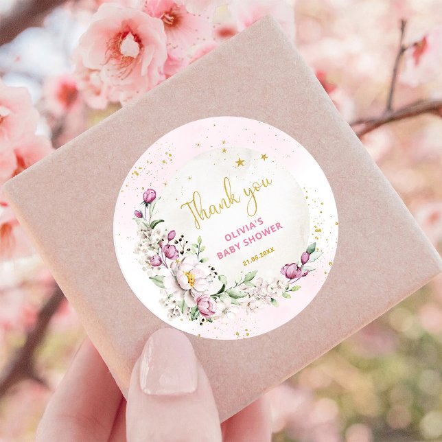 Floral Moon Pink Baby Shower Thank you Classic Round Sticker (Creator Uploaded)