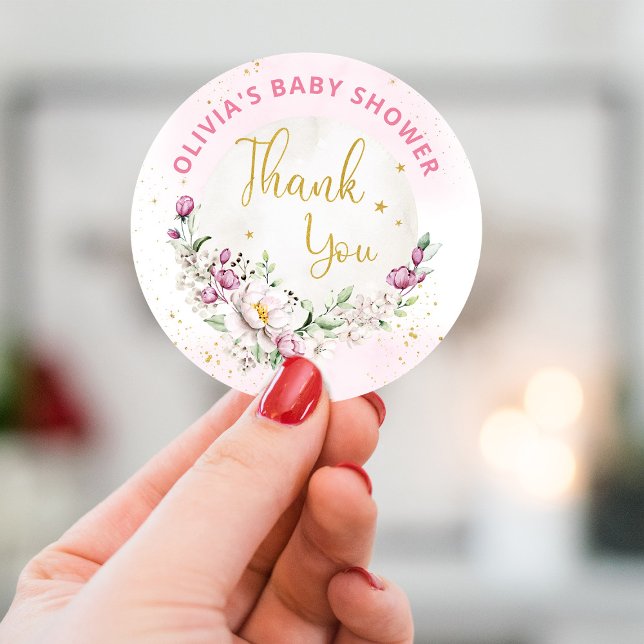 Floral Moon Pink Baby Shower Thank you Classic Round Sticker (Creator Uploaded)
