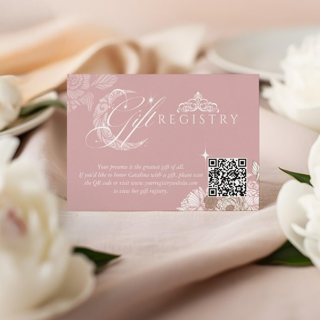 Floral Moon Star Quinceañera QR Code Gift Registry Enclosure Card (Creator Uploaded)