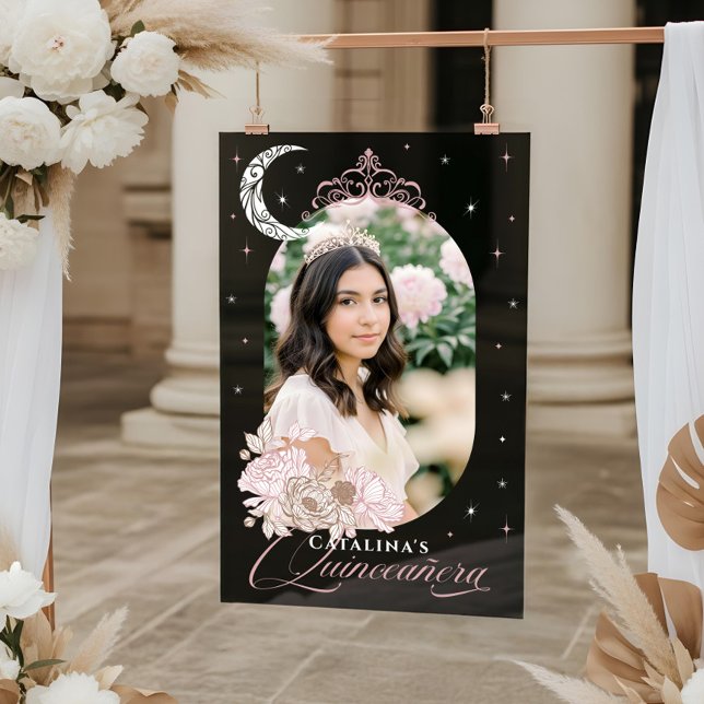 Floral Moon Stars Tiara Photo Quinceañera Welcome Acrylic Sign (Floral Moon Stars Tiara Photo Quinceañera Welcome Acrylic Sign)