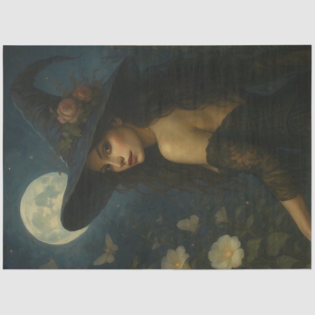 Floral Moonlight Witch Gothic Halloween Decoupage Tissue Paper (Front)