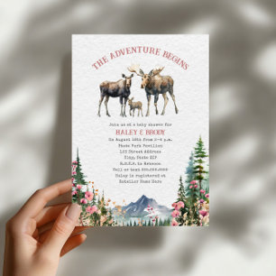 Floral Moose Woodland Adventure Girl Baby Shower Invitation