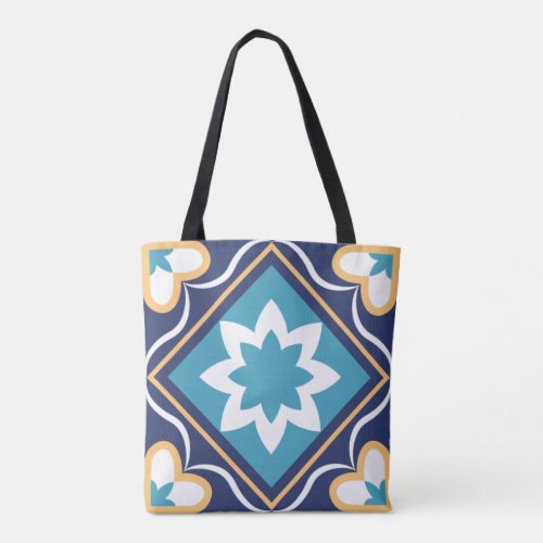 Floral Moroccan Mosaic Tile Elegant  Chic Blue Tote Bag