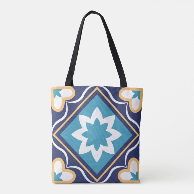 Floral Moroccan Mosaic Tile Elegant & Chic Blue Tote Bag (Back)