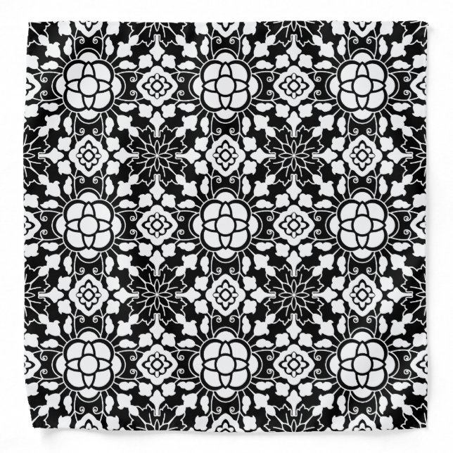 Floral Moroccan Tile, Black and White Bandana (Front)