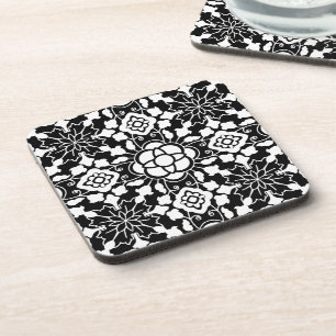 Floral Moroccan Tile, Black and White Beverage Coaster
