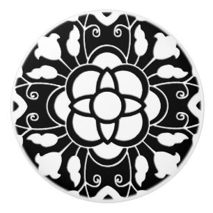 Floral Moroccan Tile, Black and White Ceramic Knob