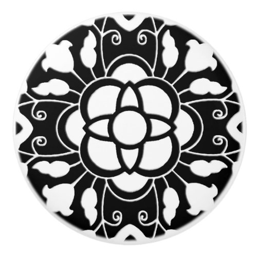 Floral Moroccan Tile Black and White Ceramic Knob