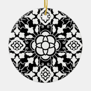 Floral Moroccan Tile, Black and White Ceramic Orna Ceramic Ornament