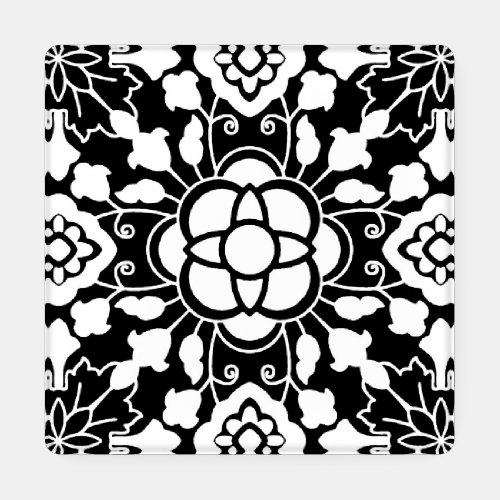 Floral Moroccan Tile Black and White Coaster Set