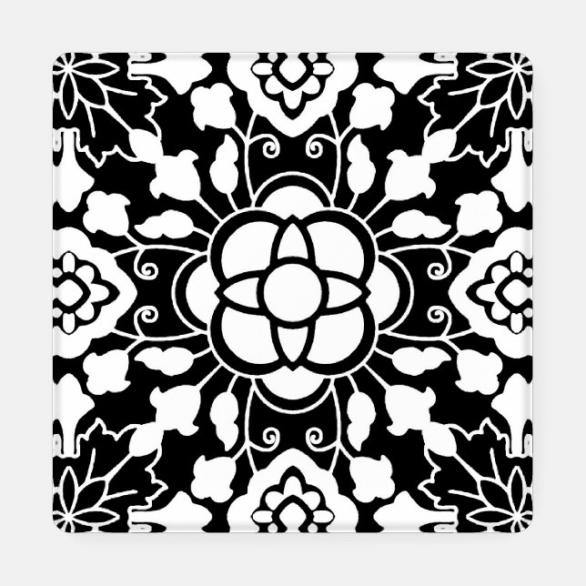 Floral Moroccan Tile, Black and White Coaster Set (Single)