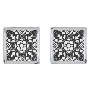 Floral Moroccan Tile, Black and White Cufflinks