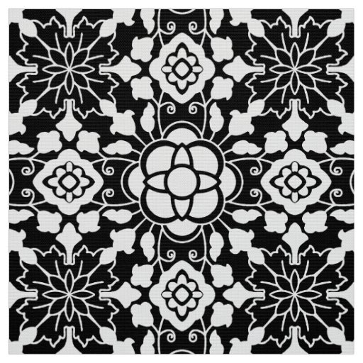 Floral Moroccan Tile, Black and White Fabric