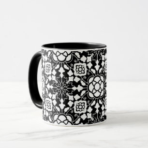 Floral Moroccan Tile, Black and White Mug