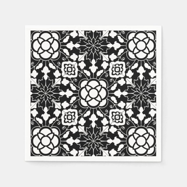 Floral Moroccan Tile, Black and White Paper Napkins (Front)