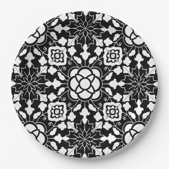 Floral Moroccan Tile, Black and White Paper Plates (Front)