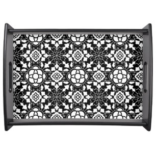 Floral Moroccan Tile, Black and White Serving Tray