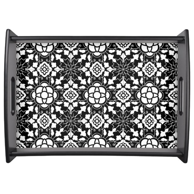 Floral Moroccan Tile, Black and White Serving Tray (Front)