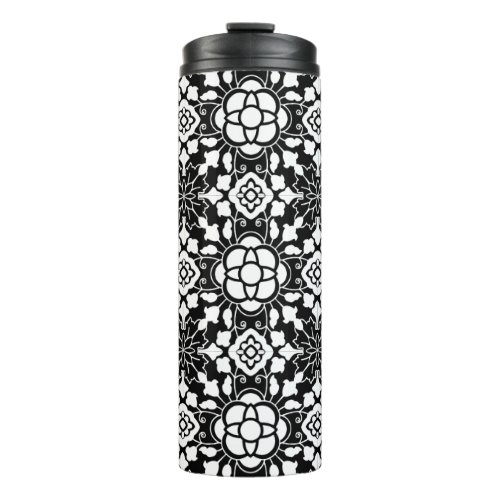 Floral Moroccan Tile Black and White Thermal Tumbler