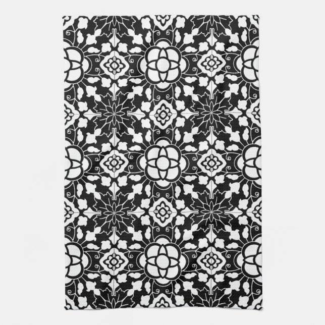 Floral Moroccan Tile, Black and White Towel (Vertical)