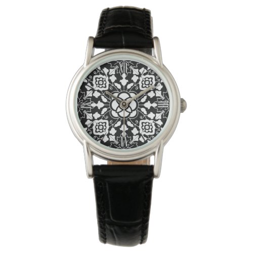 Floral Moroccan Tile Black and White Watch