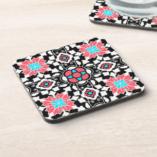 Floral Moroccan Tile, Black, White and Coral Pink Beverage Coaster