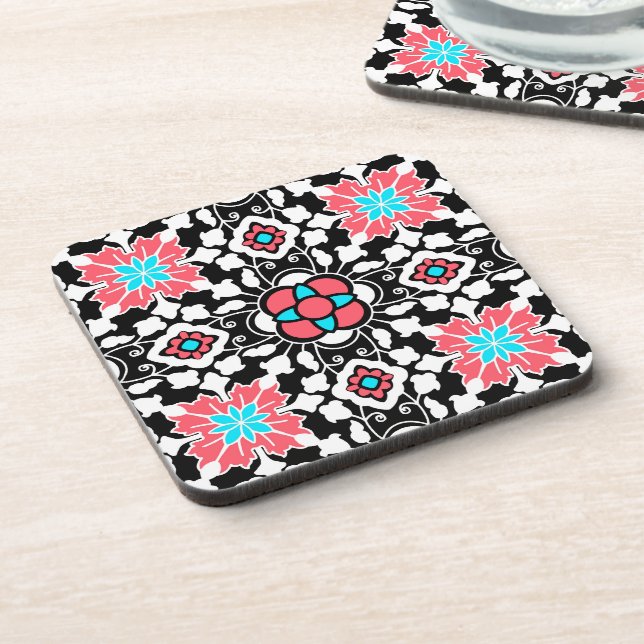 Floral Moroccan Tile, Black, White and Coral Pink Beverage Coaster (Left Side)