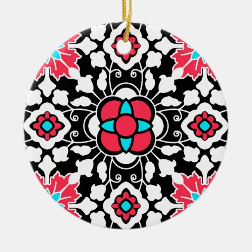 Floral Moroccan Tile Black White and Coral Pink Ceramic Ornament