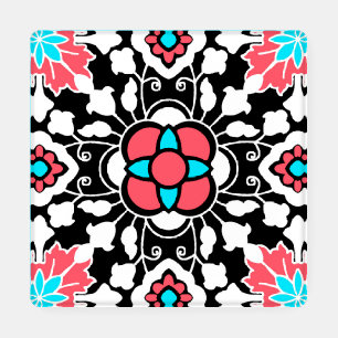 Floral Moroccan Tile, Black, White and Coral Pink Coaster Set