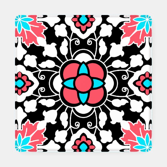 Floral Moroccan Tile, Black, White and Coral Pink Coaster Set (Single)