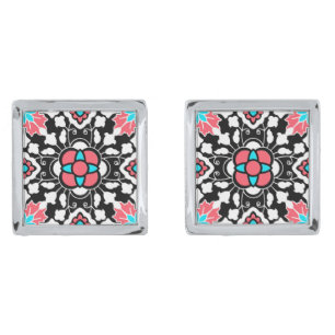 Floral Moroccan Tile, Black, White and Coral Pink Cufflinks