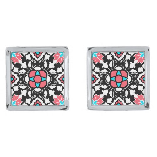 Floral Moroccan Tile Black White and Coral Pink Cufflinks